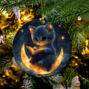 Cute Kitty Reading On A Crescent Moon Mica Circle Ornament