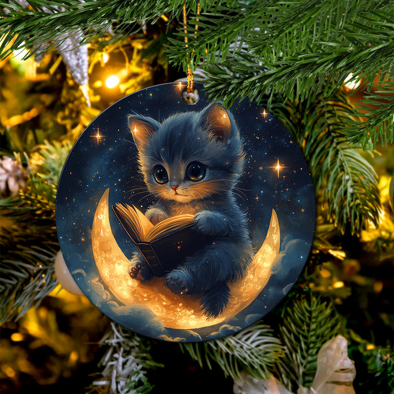 Cute Kitty Reading On A Crescent Moon Mica Circle Ornament Perfect Gift For Holiday