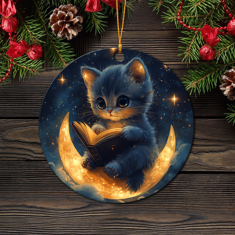 Cute Kitty Reading On A Crescent Moon Mica Circle Ornament Perfect Gift For Holiday