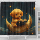 Cute Puppy Reading On A Crescent Moon Shower Curtain
