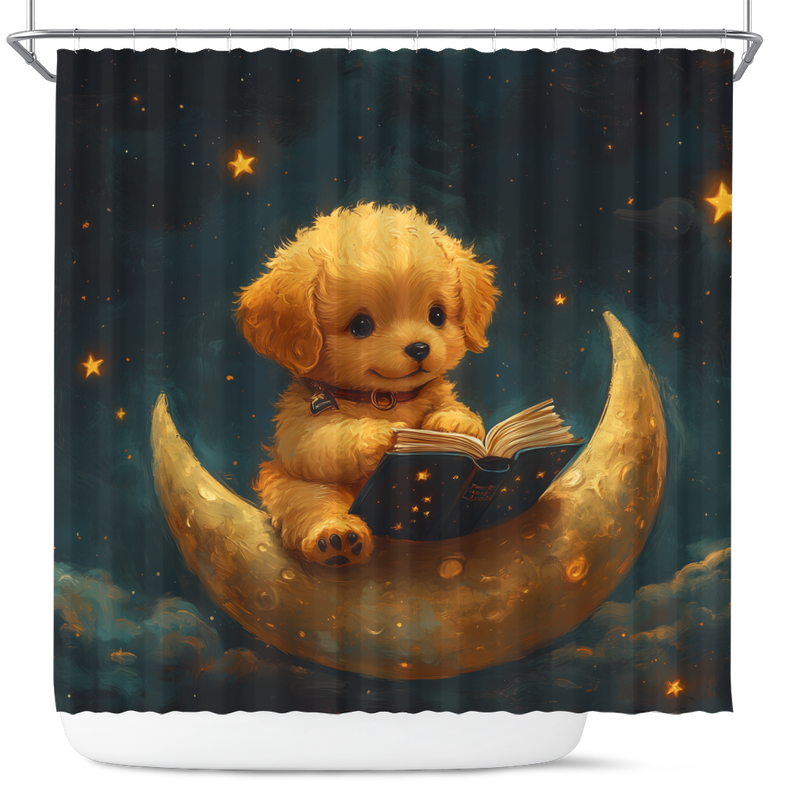 Cute Puppy Reading On A Crescent Moon Shower Curtain
