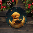 Cute Puppy Reading On A Crescent Moon Mica Circle Ornament