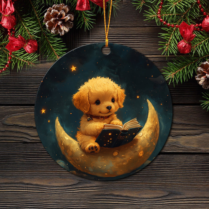 Cute Puppy Reading On A Crescent Moon Mica Circle Ornament Perfect Gift For Holiday