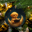 Cute Puppy Reading On A Crescent Moon Mica Circle Ornament
