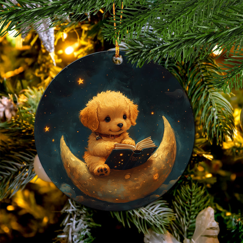 Cute Puppy Reading On A Crescent Moon Mica Circle Ornament Perfect Gift For Holiday