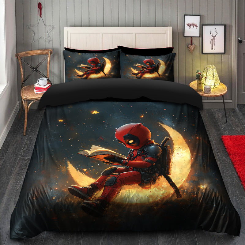 Deadpool Reading On A Crescent Moon Bedding Set Duvet Cover And 2 Pillowcases