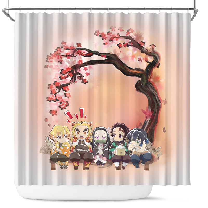 Demon Slayer Team Chibi Anime Cherry Blossom Japan Shower Curtain