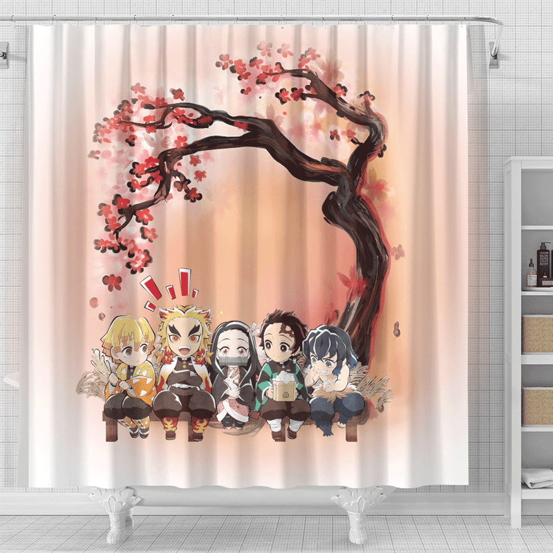 Demon Slayer Team Chibi Anime Cherry Blossom Japan Shower Curtain