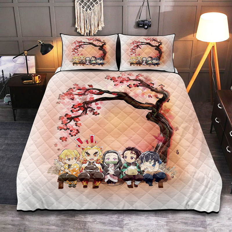 Demon Slayer Team Chibi Anime Cherry Blossom Quilt Bed Sets