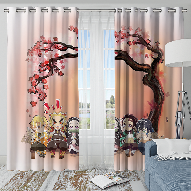 Demon Slayer Team Chibi Anime Cherry Blossom Window Curtain