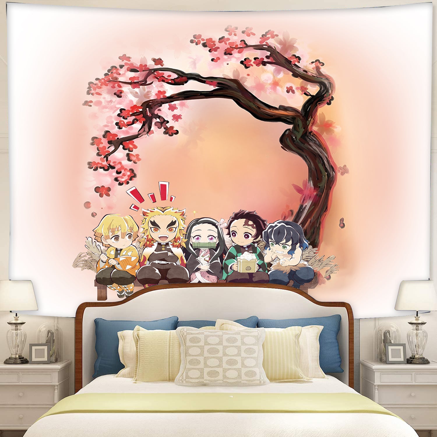 Demon Slayer Team Chibi Anime Cherry Blossom Tapestry Room Decor