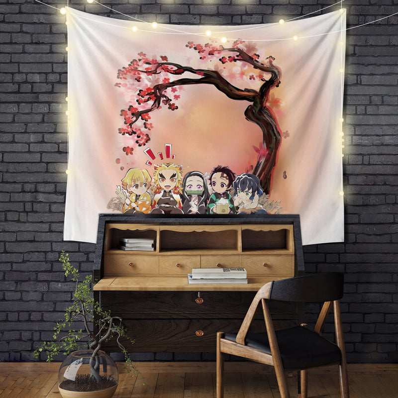 Demon Slayer Team Chibi Anime Cherry Blossom Tapestry Room Decor