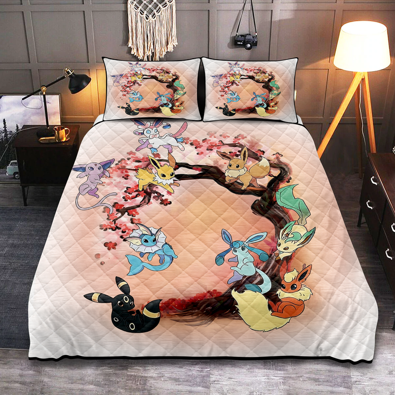 Eevee Pokemon Evolution Cherry Blossom Quilt Bed Sets