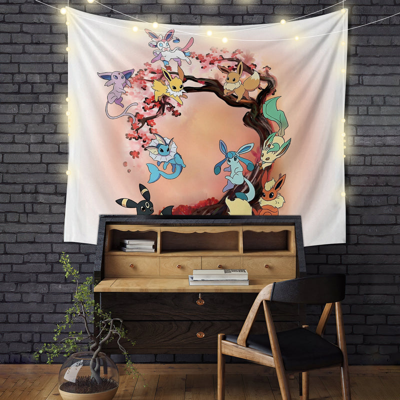 Eevee Pokemon Evolution Cherry Blossom Tapestry Room Decor