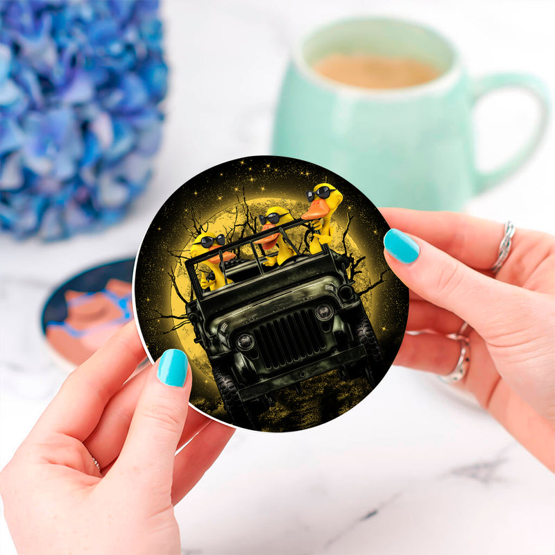 Funny Ducks Drive Jeep Moonlight Halloween Ceramic Drink Coasters