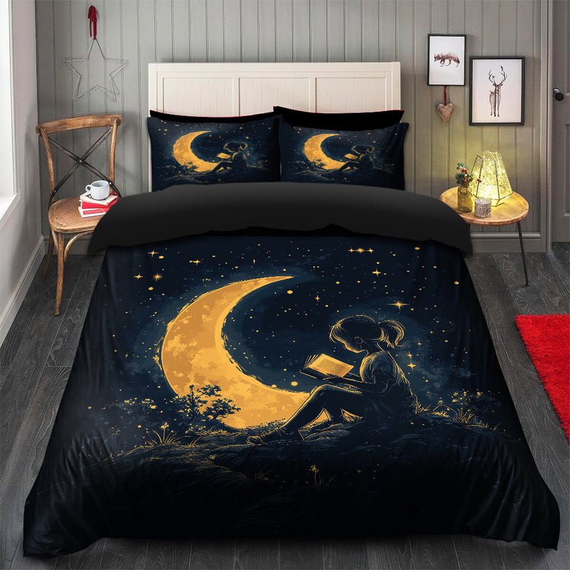 Girl Reading On A Crescent Moon Bedding Set Duvet Cover And 2 Pillowcases