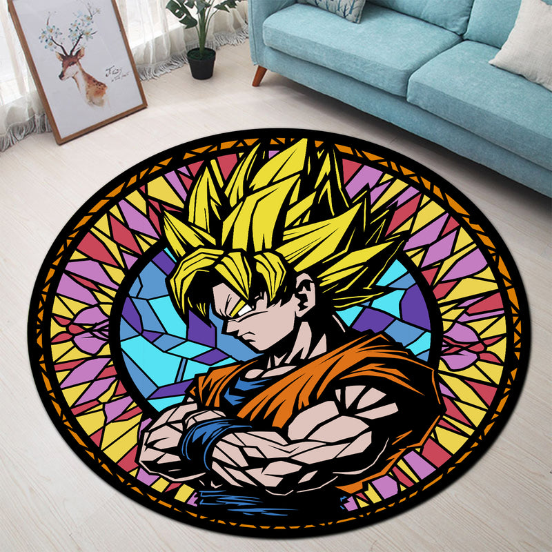 Goku Dragon Ball Anime Stained Glass Round Carpet Rug Bedroom Livingroom Home Decor