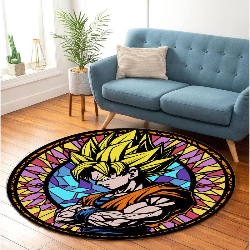 Goku Dragon Ball Anime Stained Glass Round Carpet Rug Bedroom Livingroom Home Decor