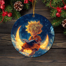 Goku Reading On A Crescent Moon Mica Circle Ornament