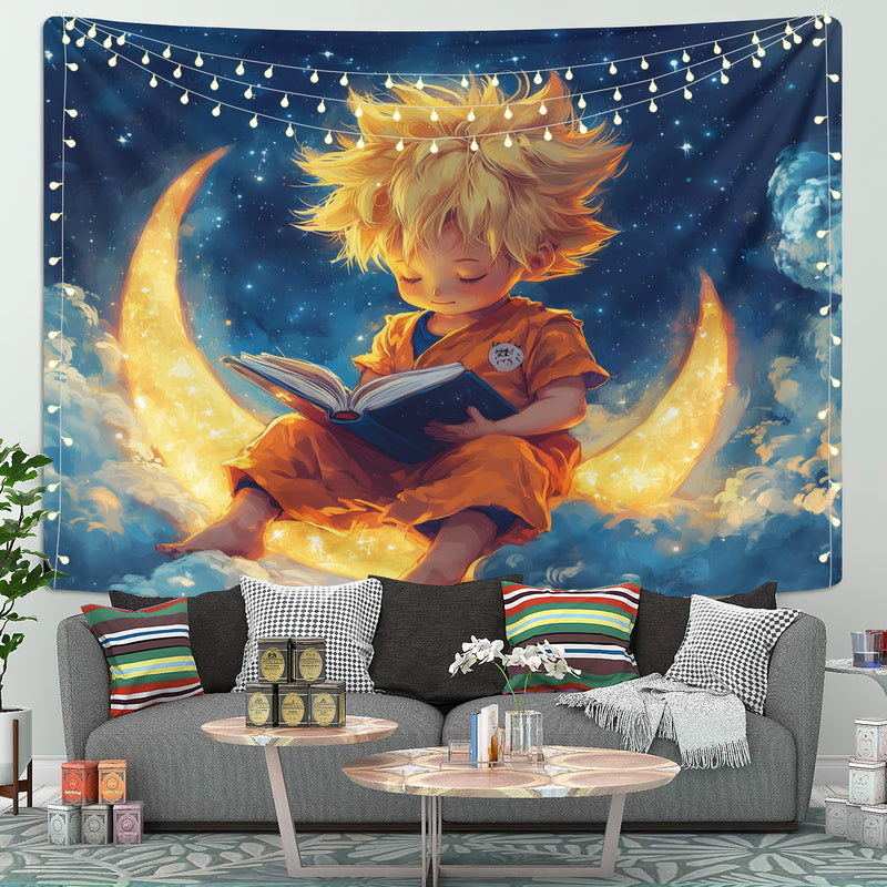 Goku Reading On A Crescent MoonTapestry Room Decor