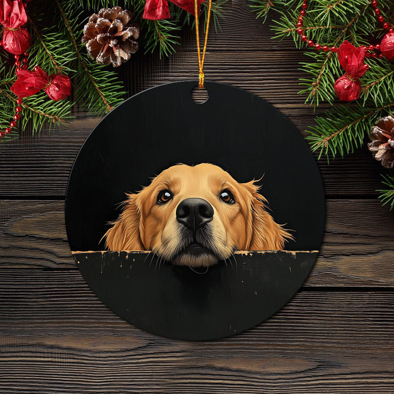 Golden Retriever Peeking Over A Black Wall Mica Circle Ornament Perfect Gift For Holiday