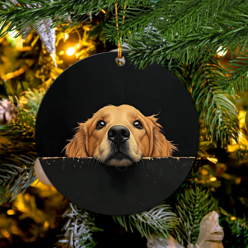 Golden Retriever Peeking Over A Black Wall Mica Circle Ornament Perfect Gift For Holiday