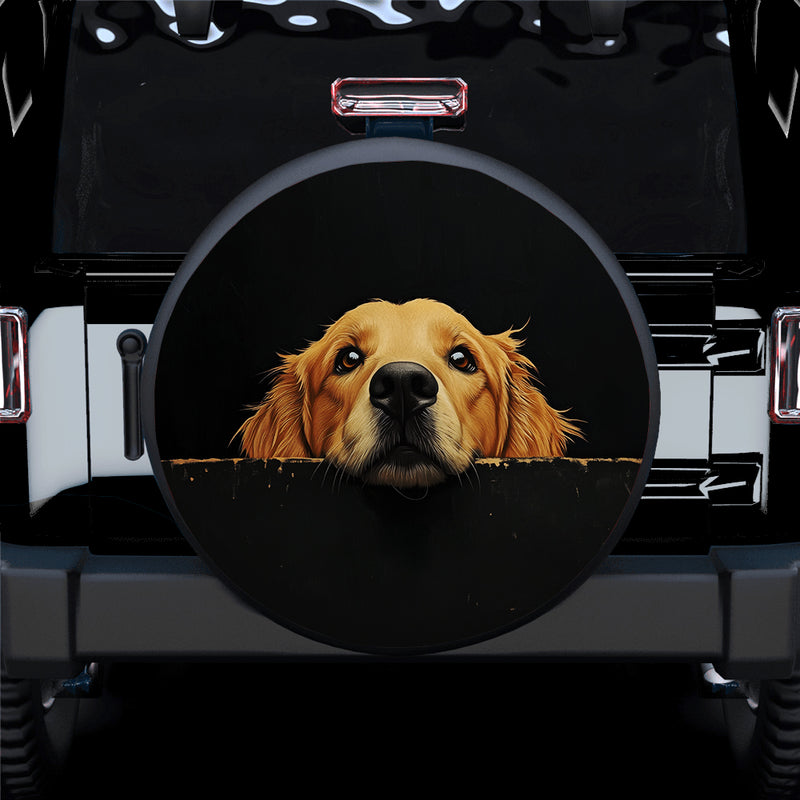 Golden Retriever Peeking Over A Black Wall Car Spare Tire Cover