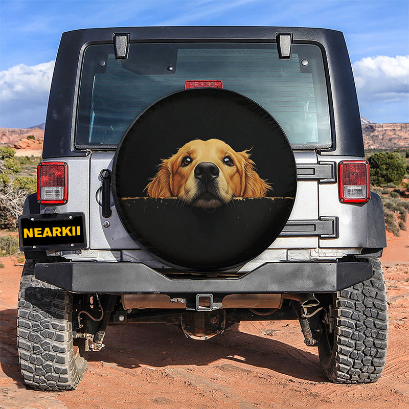 Golden Retriever Peeking Over A Black Wall Car Spare Tire Cover