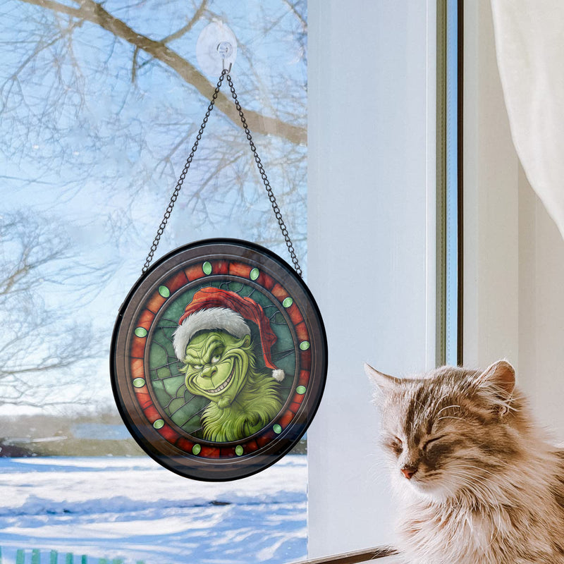 Grinch Round Stained Glass Window Hanging Panel Suncatcher