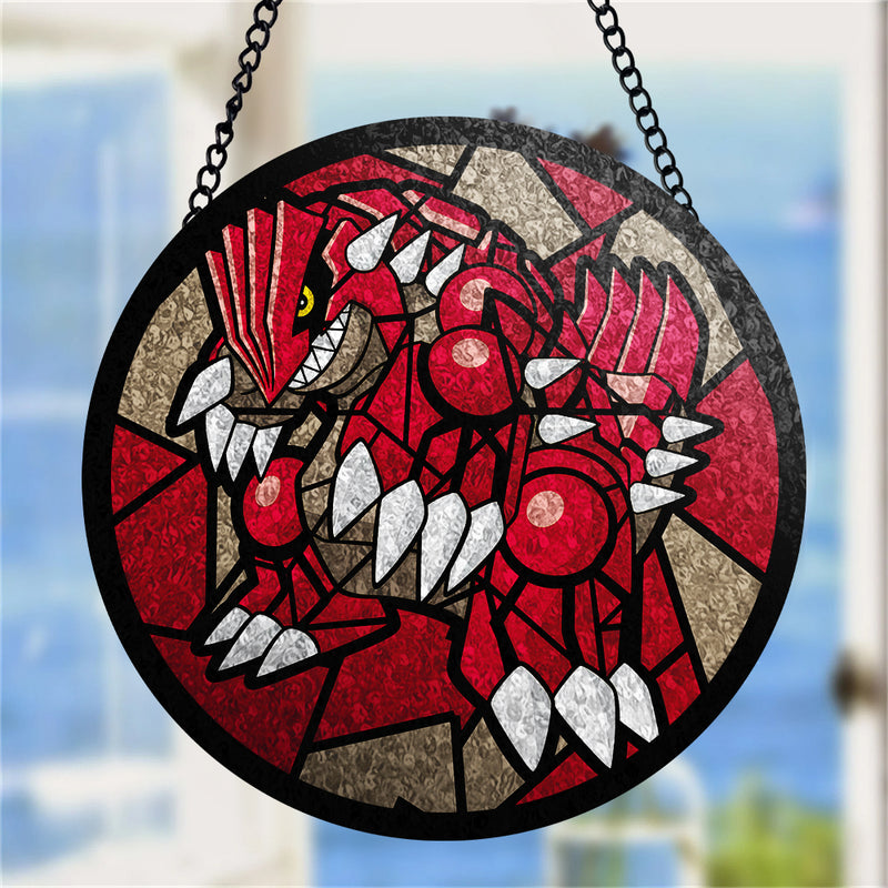 Groudon Pokemon Round Stained Glass Window Hanging Panel Suncatcher