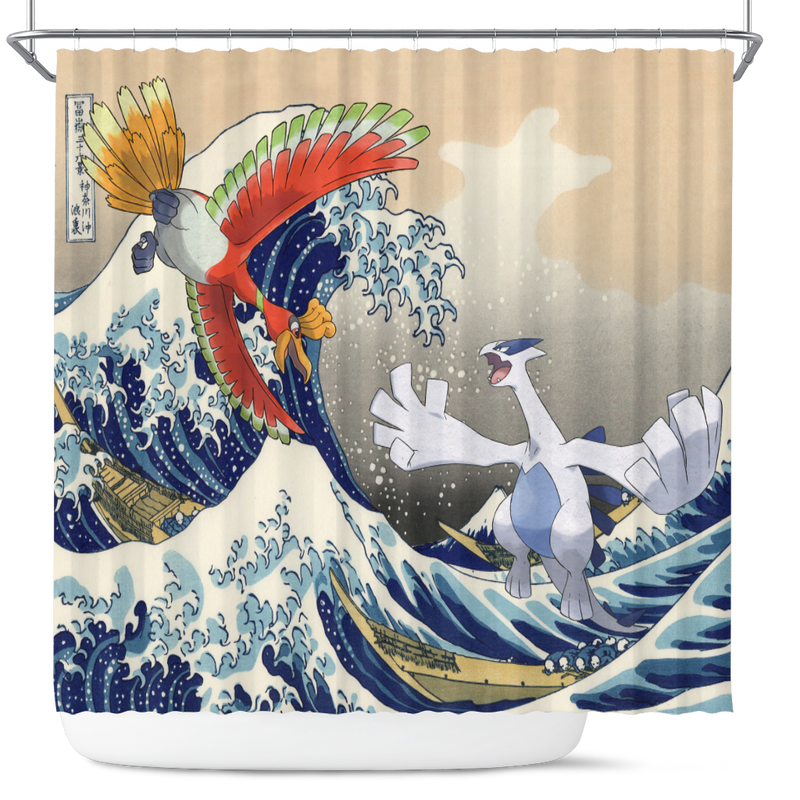 Hoho vs Lugia Pokemon The Great Wave Shower Curtain