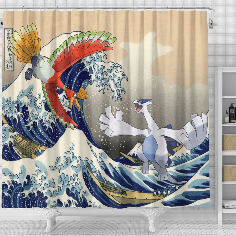 Hoho vs Lugia Pokemon The Great Wave Shower Curtain