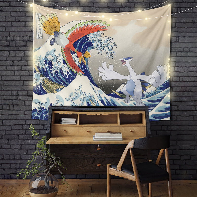 Hoho vs Lugia Pokemon The Great Wave Tapestry Room Decor
