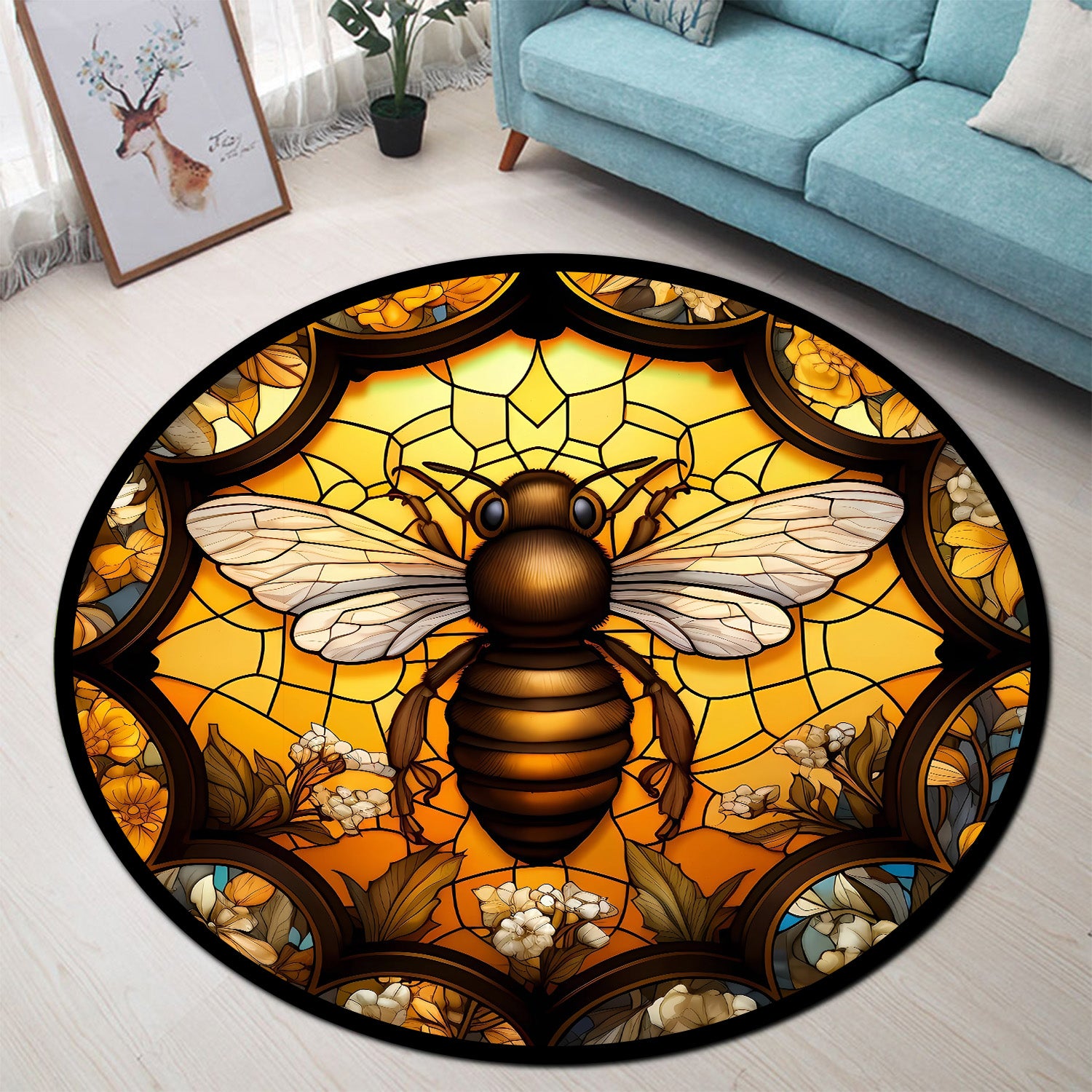 Honey Bee Stained Glass Round Rug