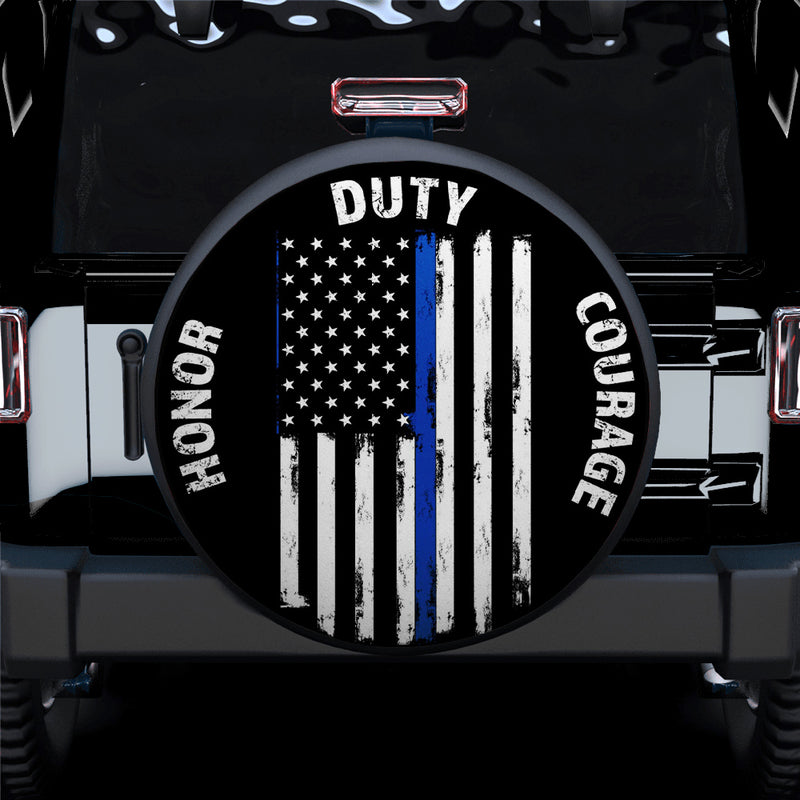 Honor Duty Courage Blue Line US Flag Car Spare Tire Cover