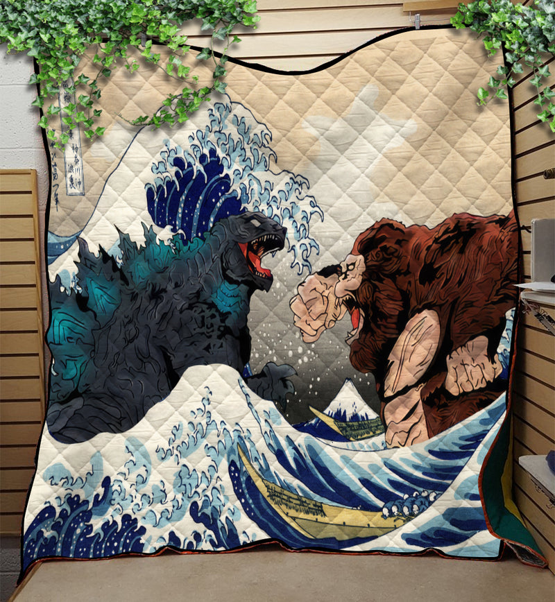 Kong vs God Japan Style  Great Wave Quilt Blanket