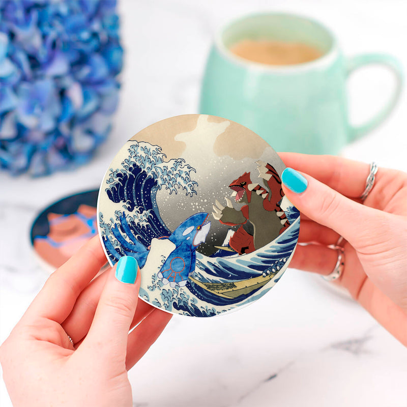 Kyogre Vs Groudon The Great Wave Japan Pokemon Ceramic Drink Coasters