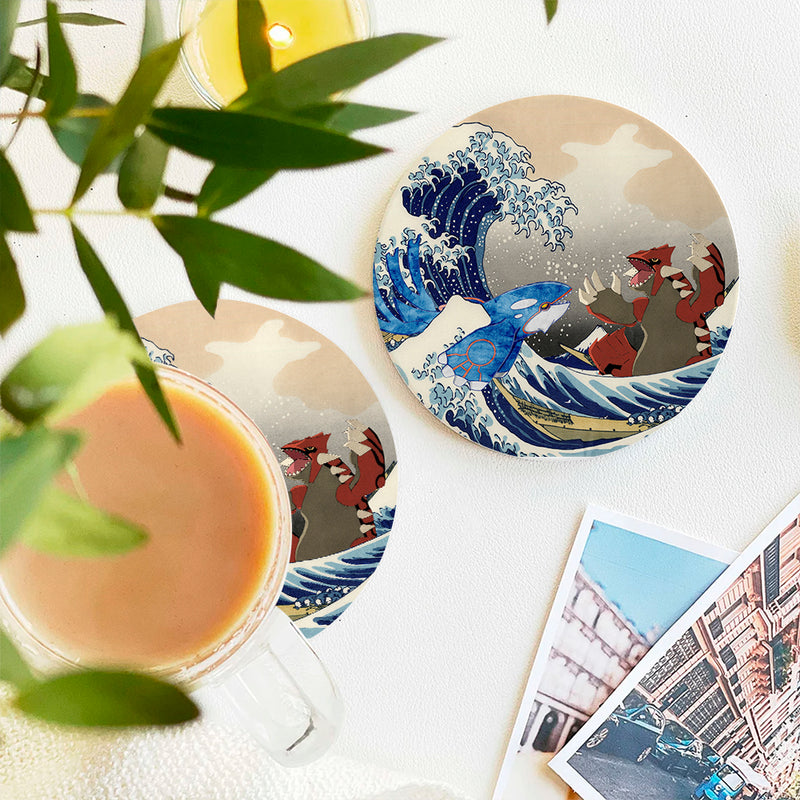 Kyogre Vs Groudon The Great Wave Japan Pokemon Ceramic Drink Coasters