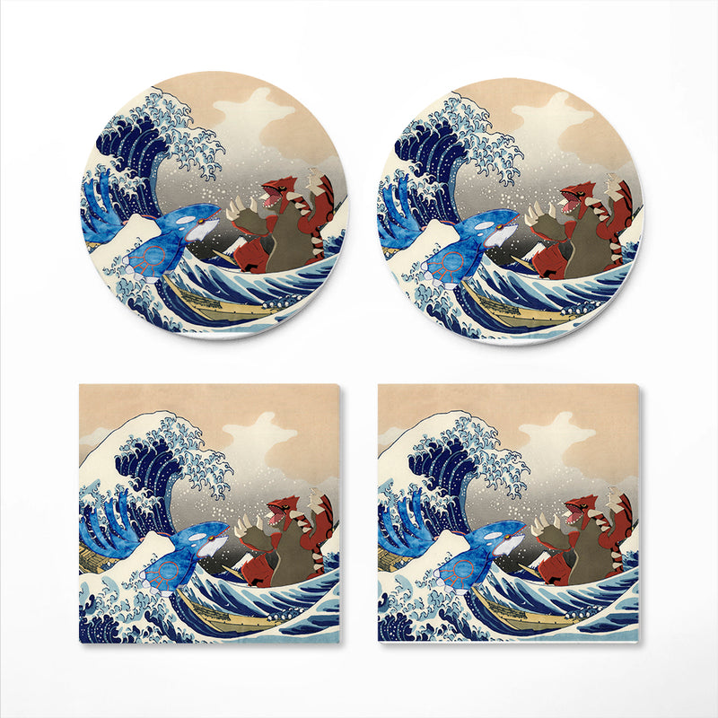 Kyogre Vs Groudon The Great Wave Japan Pokemon Ceramic Drink Coasters