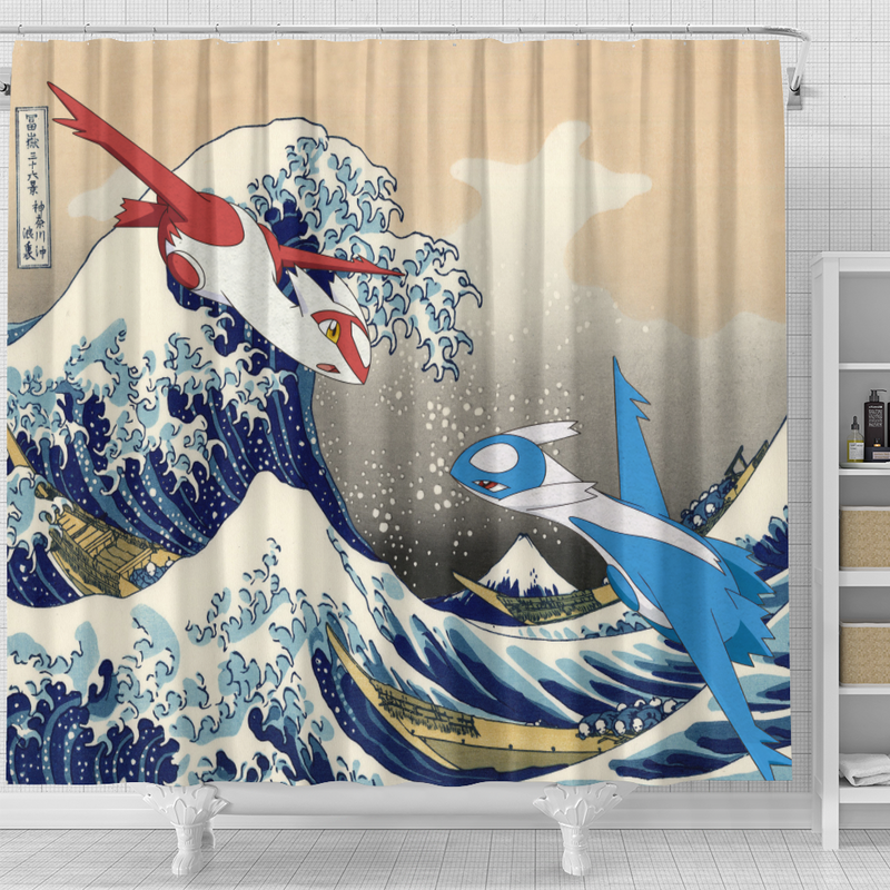 Latios vs Latias Pokemon Great Wave Shower Curtain