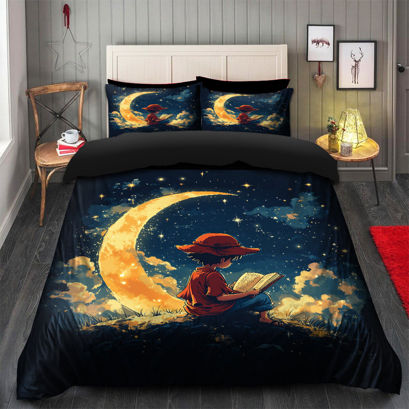 Luffy Reading On A Crescent Moon Bedding Set Duvet Cover And 2 Pillowcases