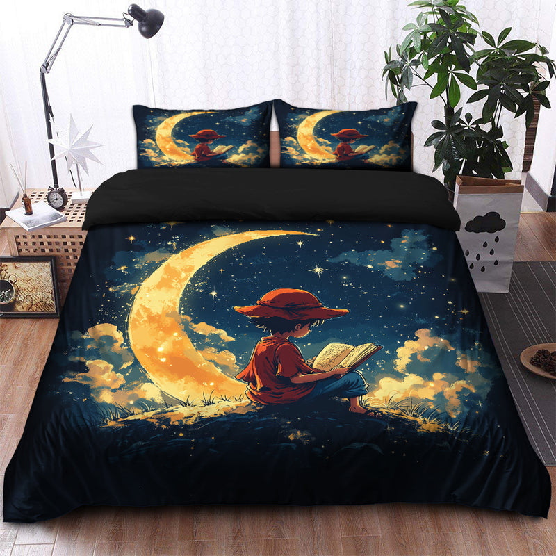 Luffy Reading On A Crescent Moon Bedding Set Duvet Cover And 2 Pillowcases