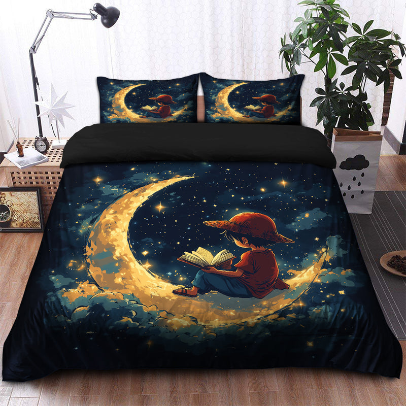 Luffy One Peace Reading On A Crescent Moon Bedding Set Duvet Cover And 2 Pillowcases