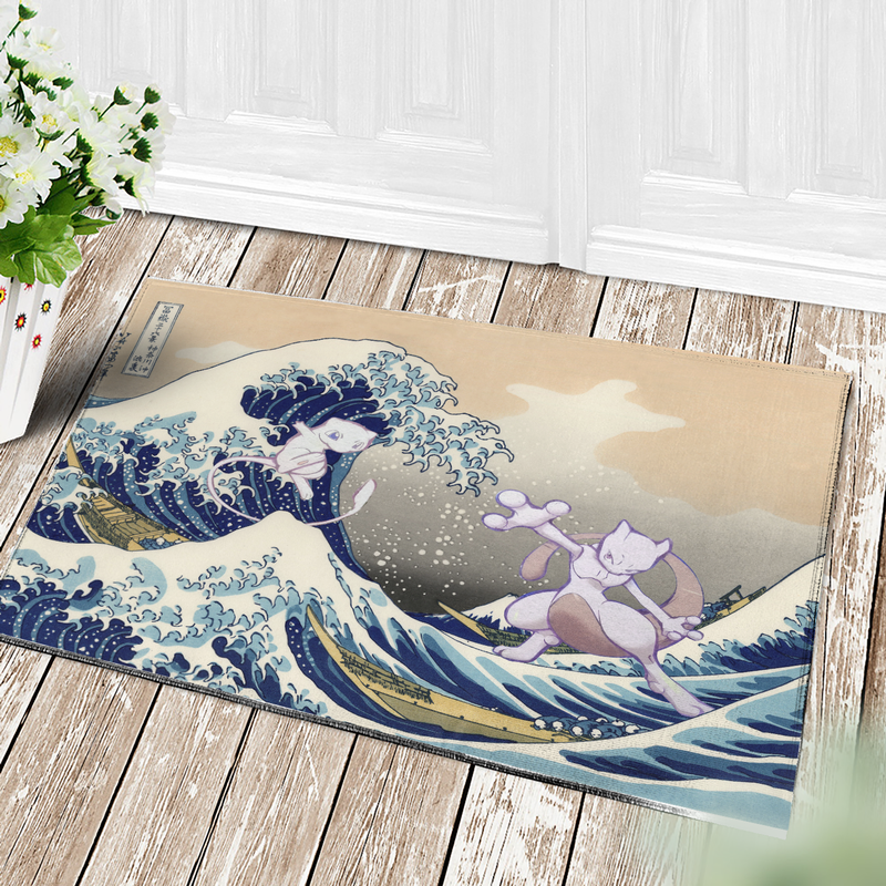 Mewtwo Vs Mew Pokemon The Great Wave Japan Doormat Home Decor