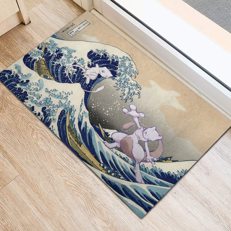 Mewtwo Vs Mew Pokemon The Great Wave Japan Doormat Home Decor