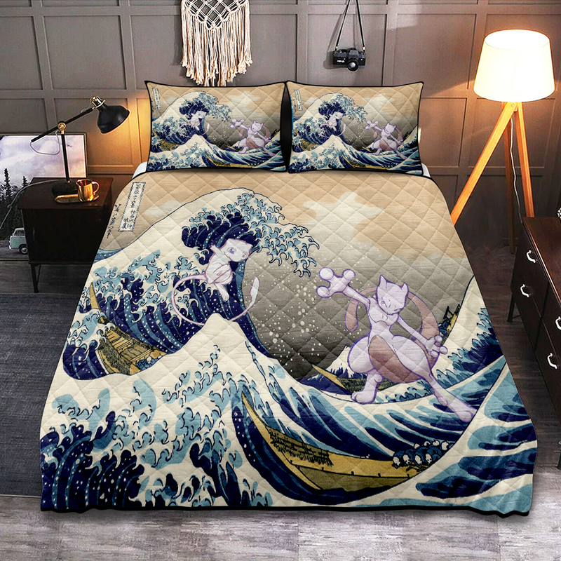 Mewtwo Vs Mew Pokemon The Great Wave Japan Quilt Bed Sets