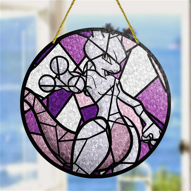 Mewtwo Pokemon Round Stained Glass Window Hanging Panel Suncatcher