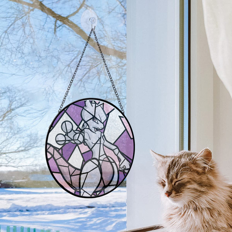 Mewtwo Pokemon Round Stained Glass Window Hanging Panel Suncatcher