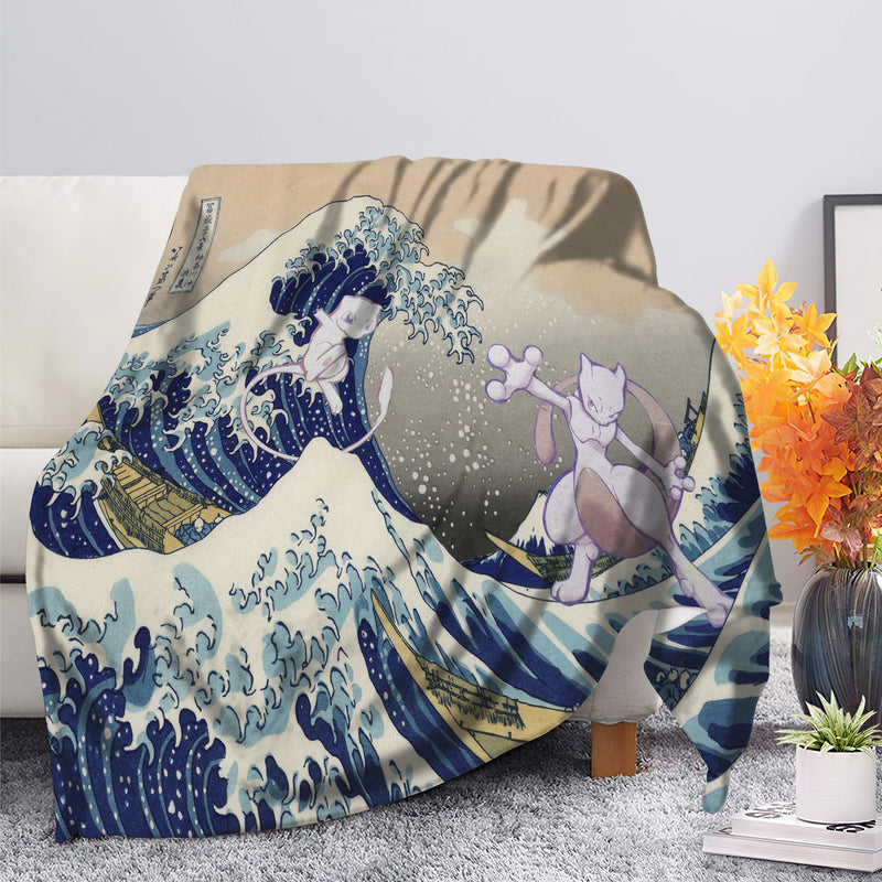 Mewtwo Vs Mew Pokemon The Great Wave Premium Blanket