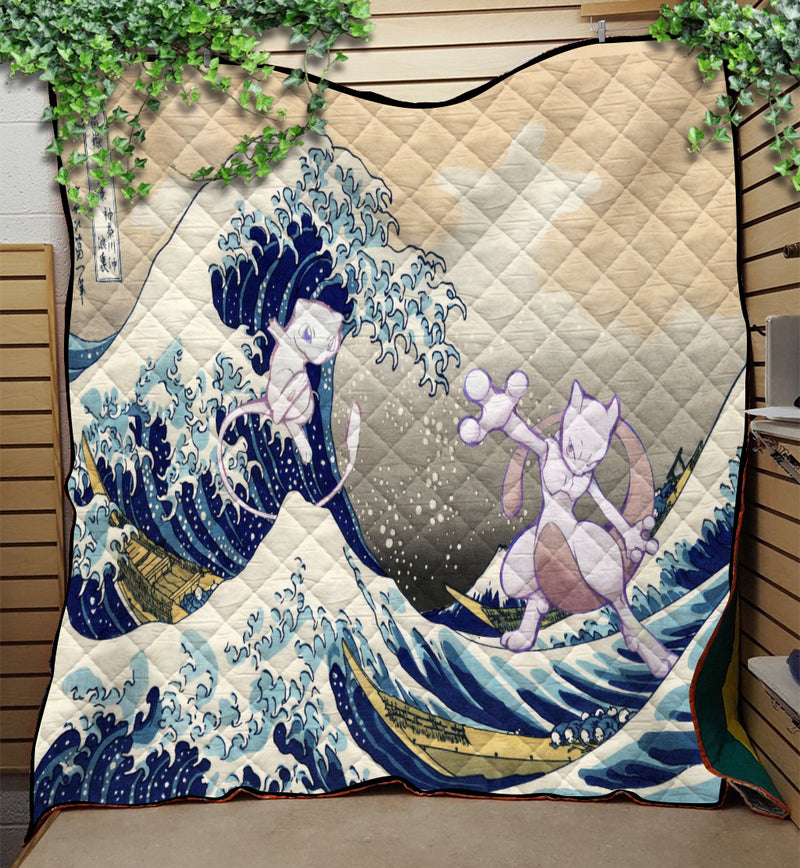 Mewtwo Vs Mew Pokemon The Great Wave Quilt Blanket
